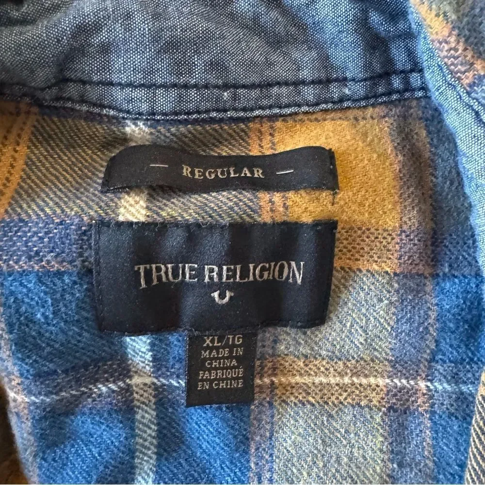 True Religion Jacquard Gold & Blue Button Down Plaid Flannel Shirt